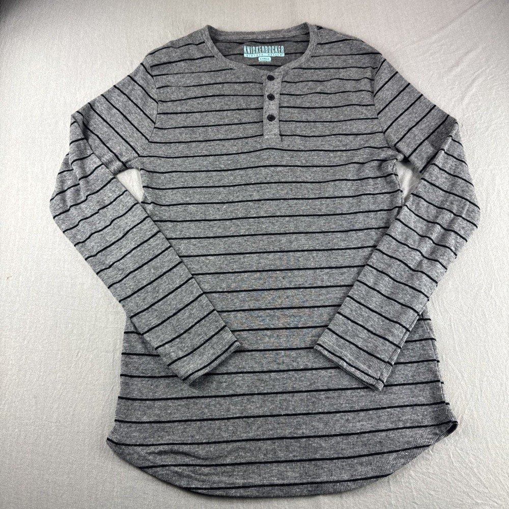 Knickerbocker Henley Mens L Gray Striped Long Sleeve Shirt Base Layer Sweatshirt
